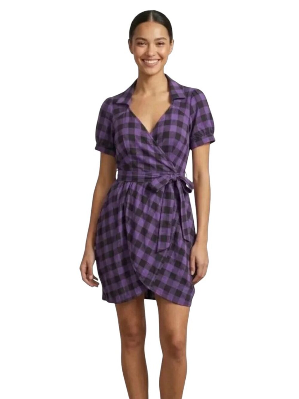 Ark & Co. Buffalo Plaid Check Plaid Short Sleeve Flannel Wrap Short Tie Dress M